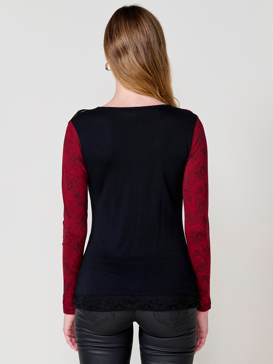 Camiseta granate mujer manga larga con blonda y estampado floral 3