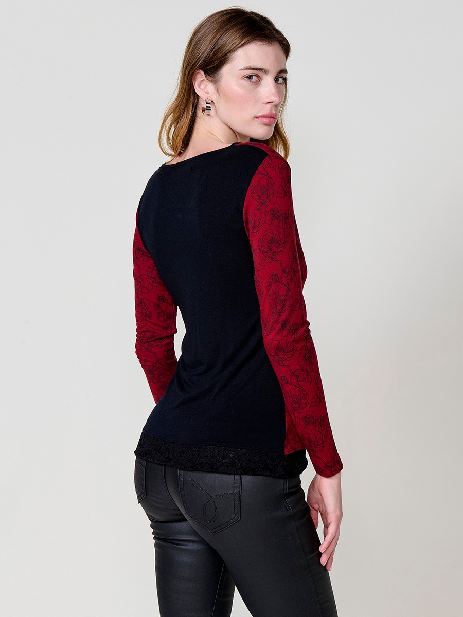 Camiseta granate mujer manga larga con blonda y estampado floral 4