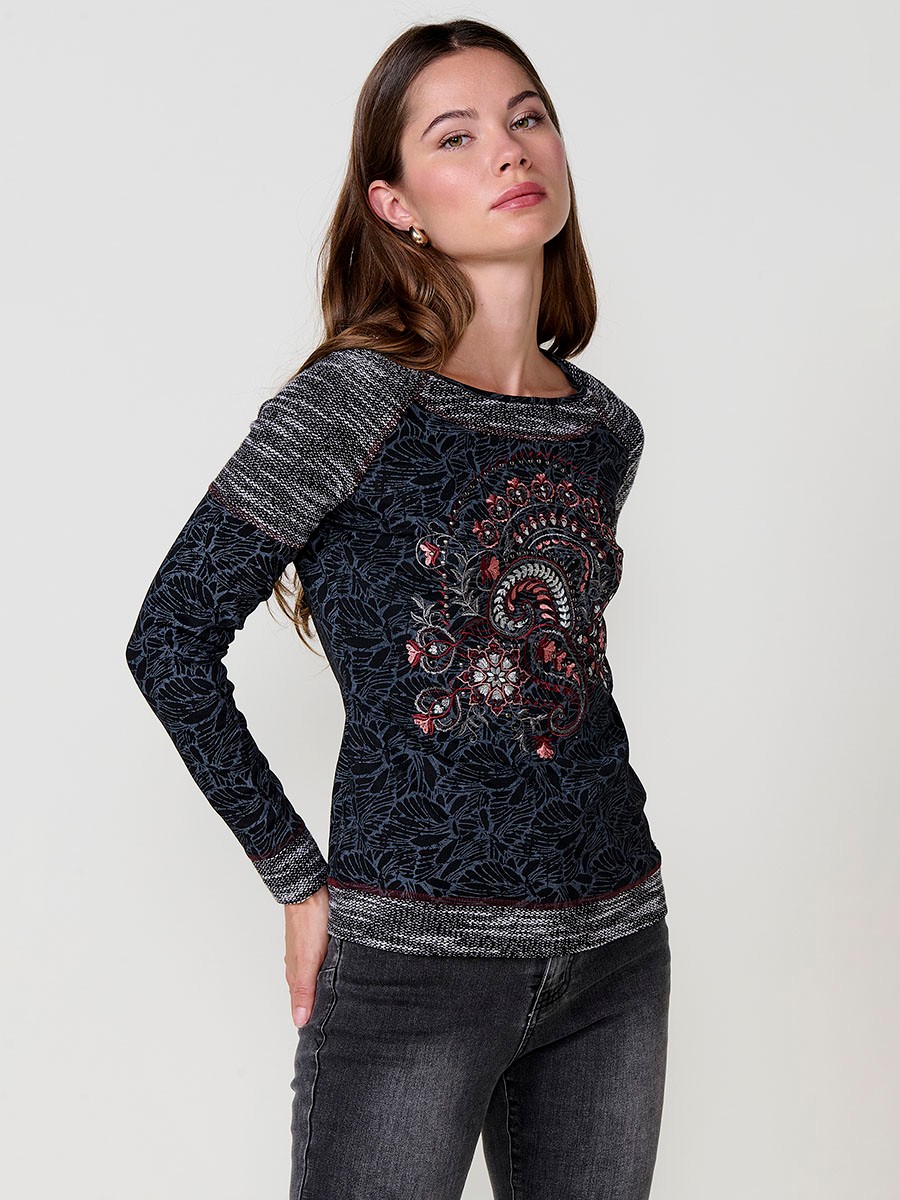 Black women’s top with jacquard knit at neckline, hem and cuffs, contrast print and metallic embroidery with studs.
