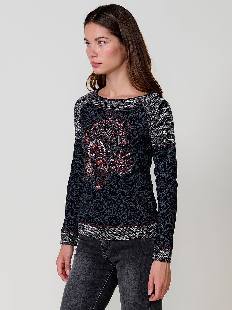 Black women’s top with jacquard knit at neckline, hem and cuffs, contrast print and metallic embroidery with studs.