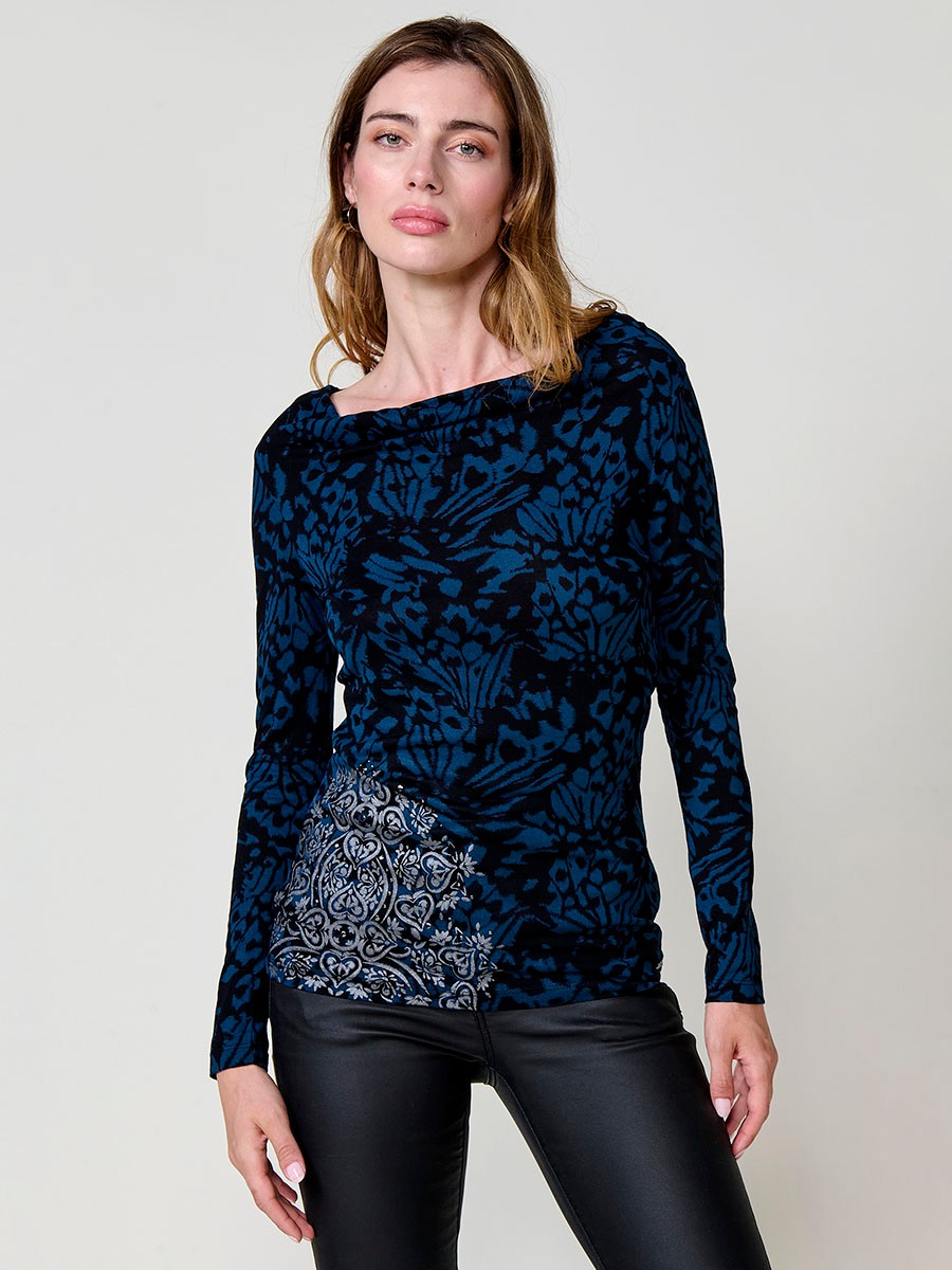 Women's navy long sleeve top with draped neckline and studs