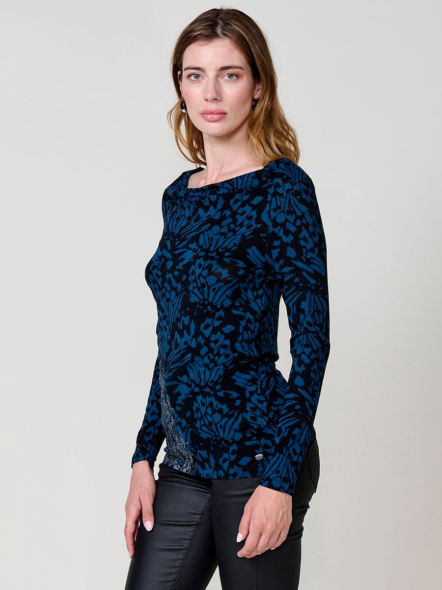 Women's navy long sleeve top with draped neckline and studs 1