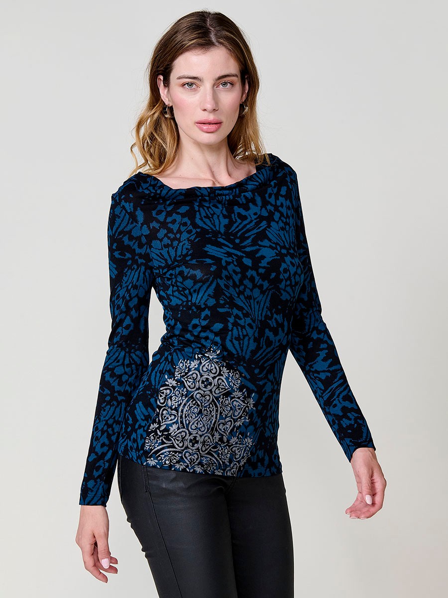 Women's navy long sleeve top with draped neckline and studs 5