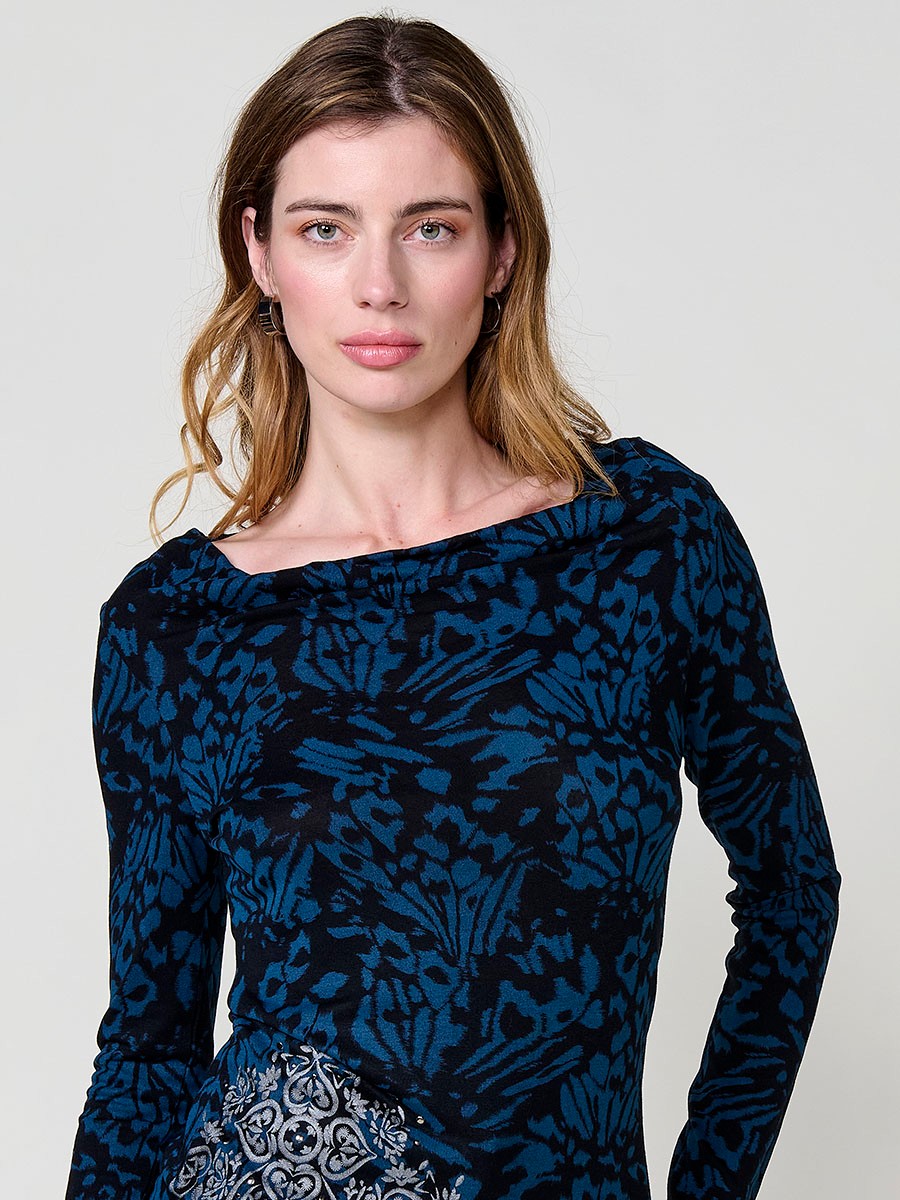 Women's navy long sleeve top with draped neckline and studs 6