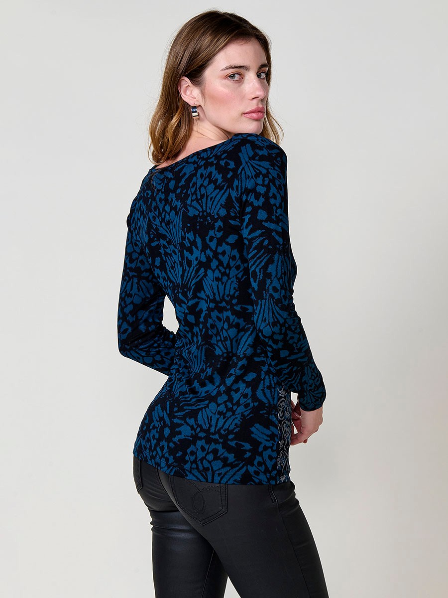 Women's navy long sleeve top with draped neckline and studs 4