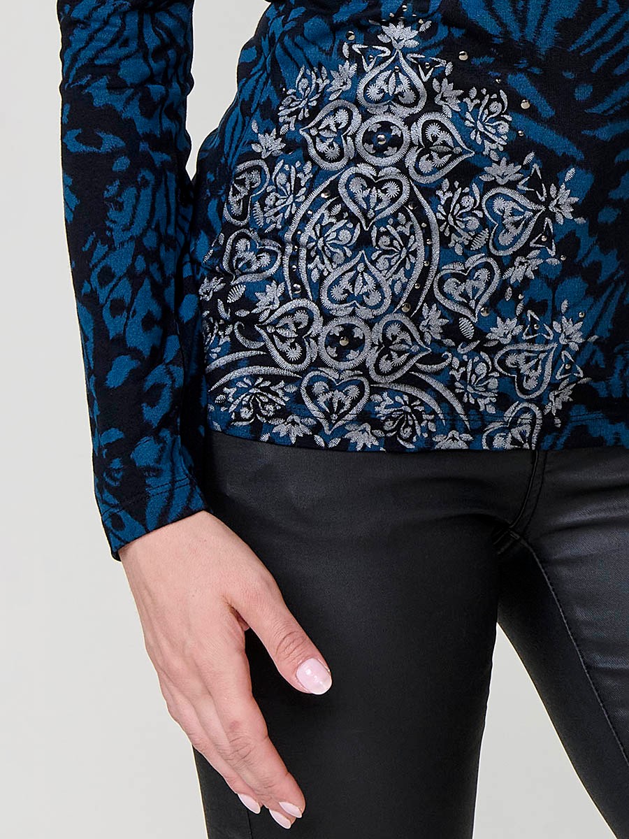 Women's navy long sleeve top with draped neckline and studs 7