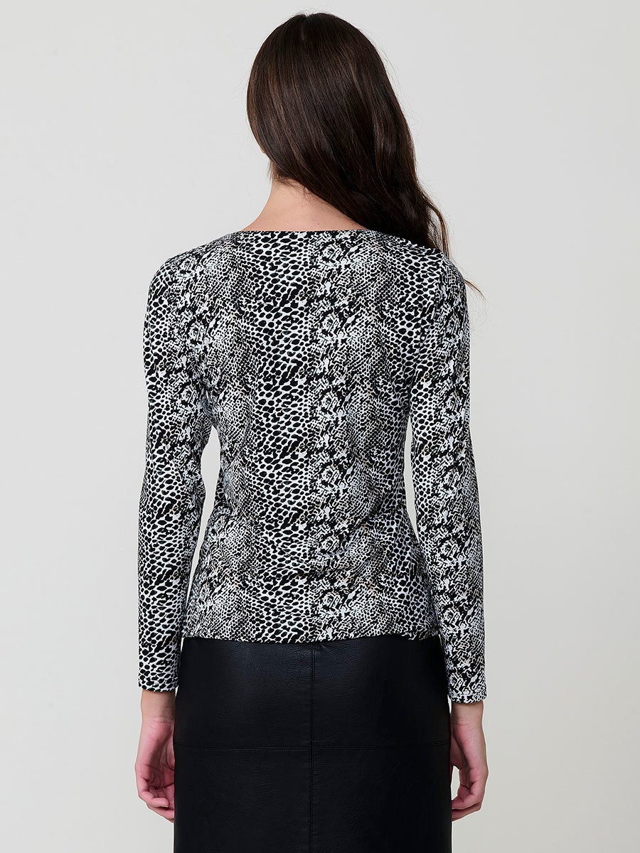 Women’s long sleeve animal print top with V-neckline, metallic ring zipper, and Koröshi logo plate.