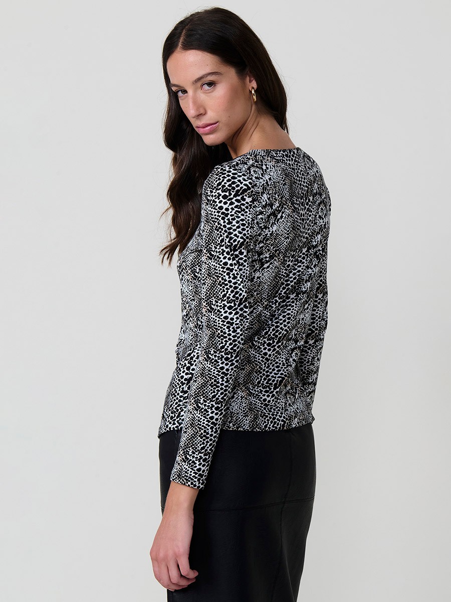 Women’s long sleeve animal print top with V-neckline, metallic ring zipper, and Koröshi logo plate.