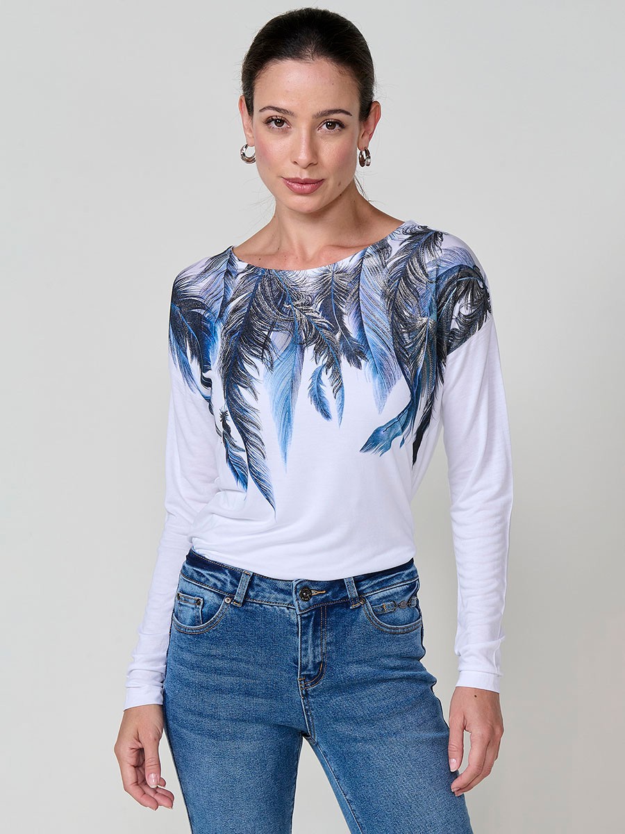 Camiseta blanca mujer manga larga con estampado de plumas y foil