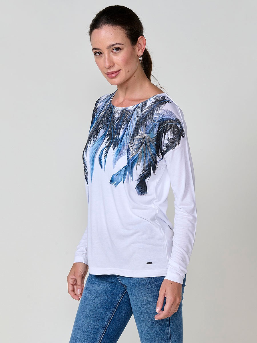 Camiseta blanca mujer manga larga con estampado de plumas y foil