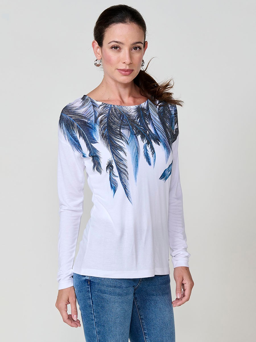 Camiseta blanca mujer manga larga con estampado de plumas y foil