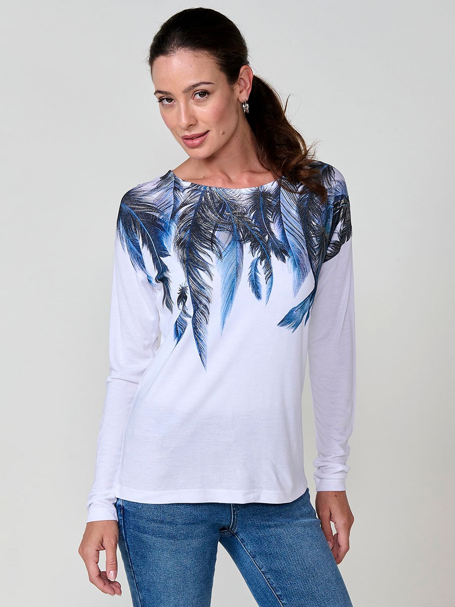 Camiseta blanca mujer manga larga con estampado de plumas y foil