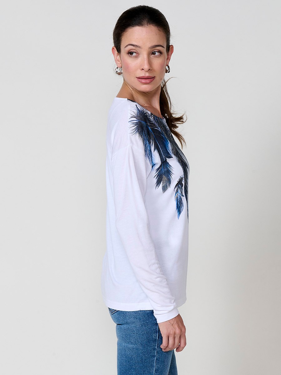 Camiseta blanca mujer manga larga con estampado de plumas y foil