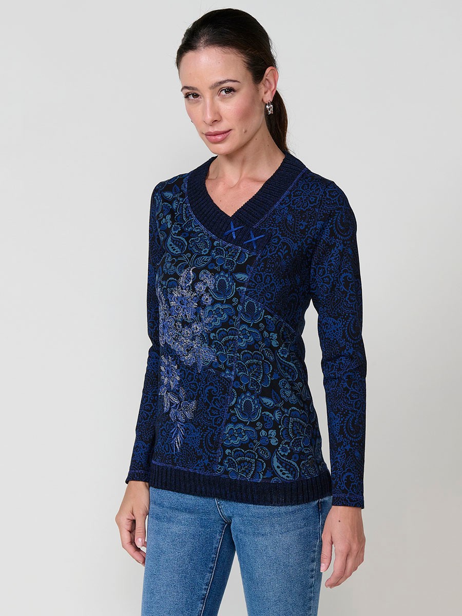 Haut bleu femme coton col en V avec broderie florale et imprimés variés