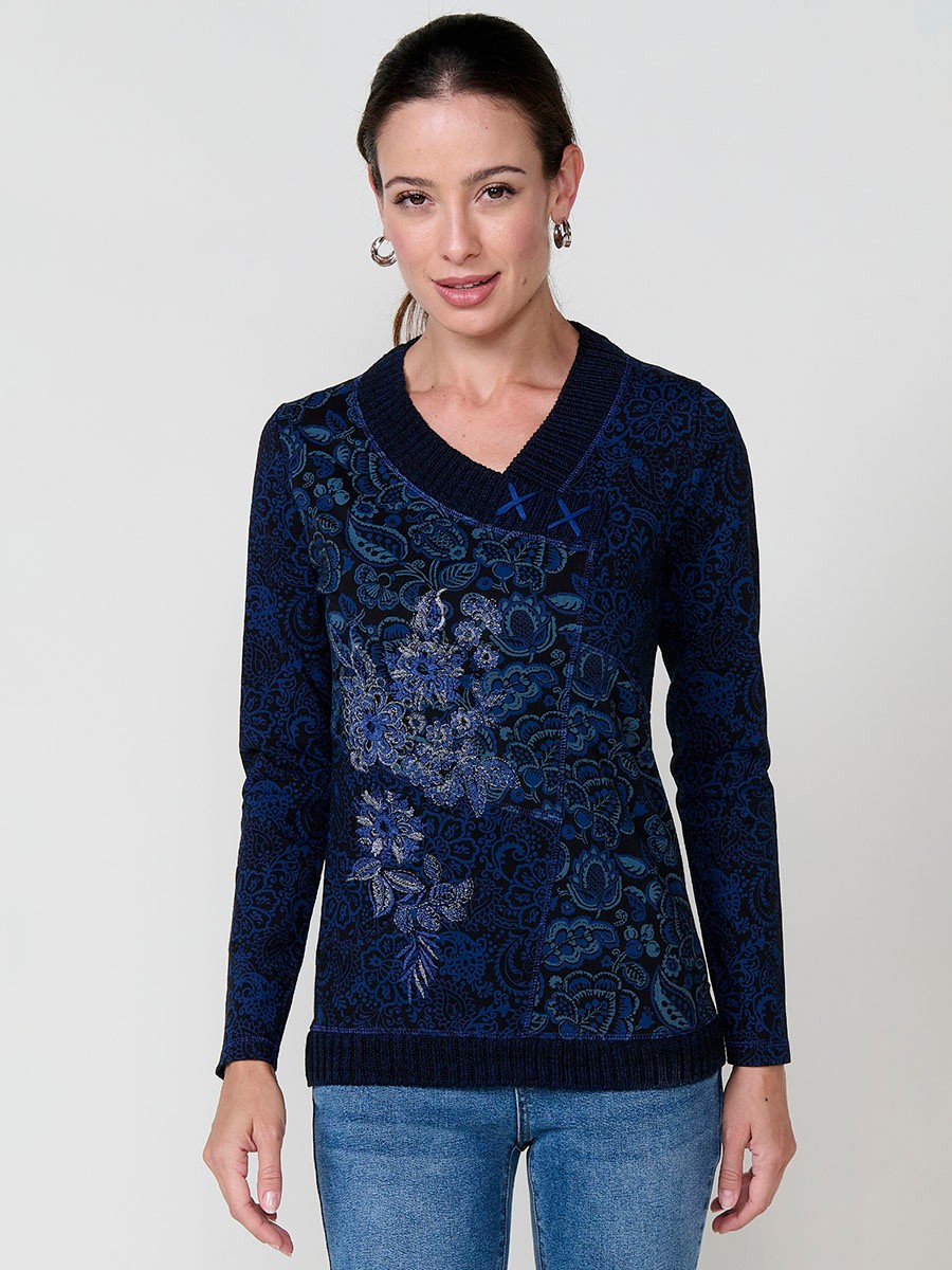 Haut bleu femme coton col en V avec broderie florale et imprimés variés 4