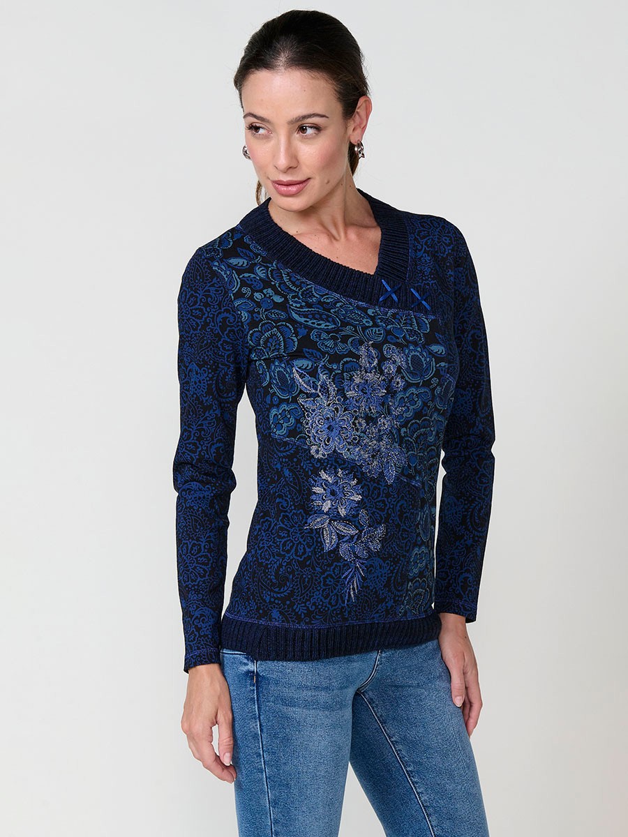 Haut bleu femme coton col en V avec broderie florale et imprimés variés 3