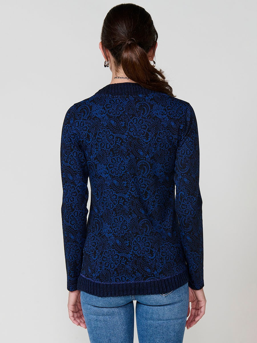 Haut bleu femme coton col en V avec broderie florale et imprimés variés 5