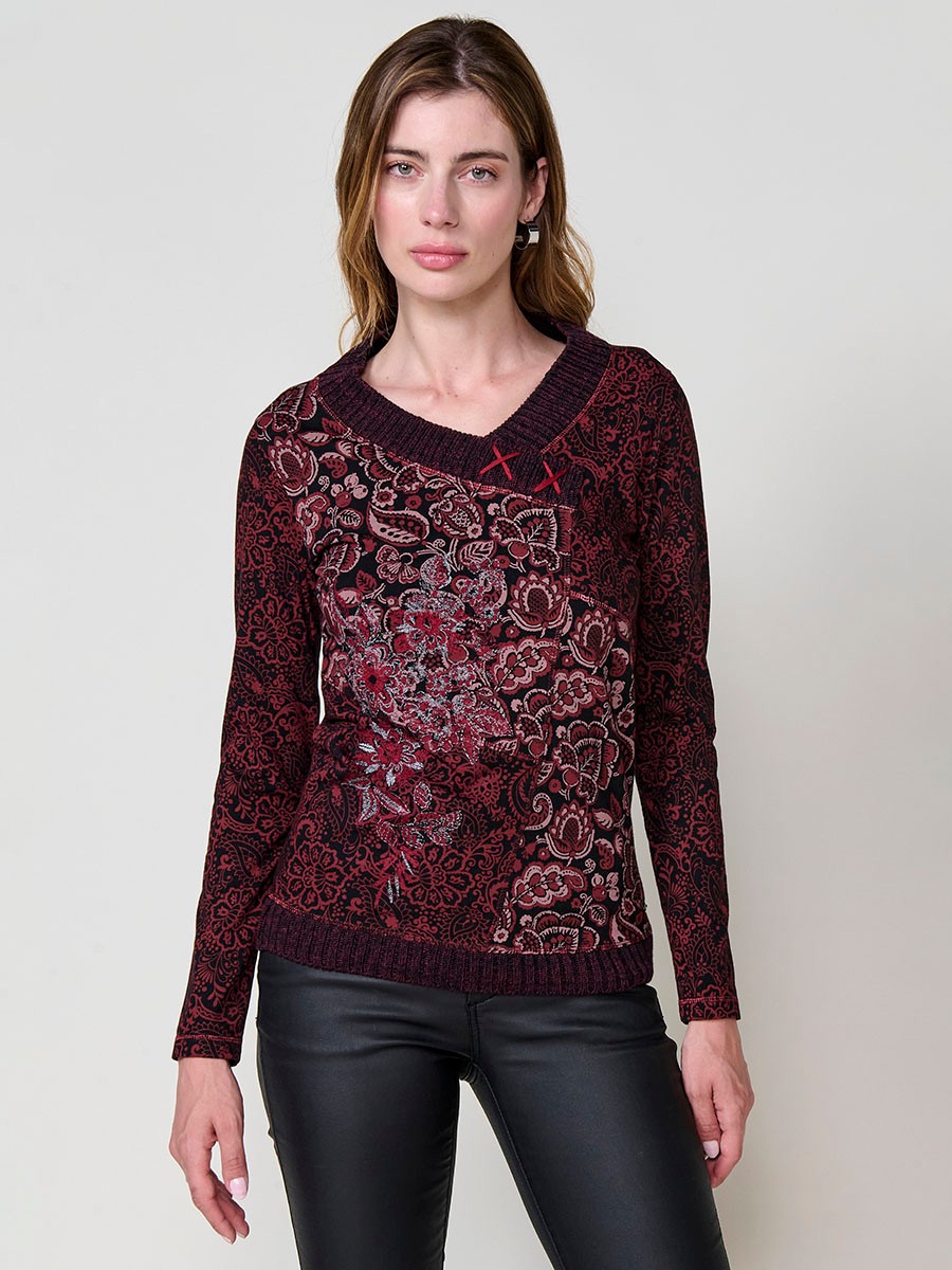 Haut bordeaux femme coton col en V croisé avec broderie florale