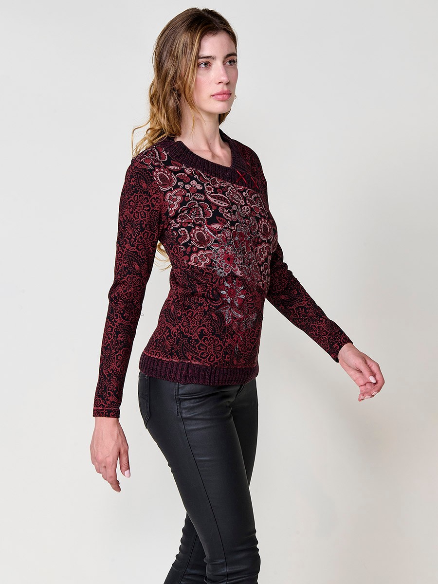 Haut bordeaux femme coton col en V croisé avec broderie florale 1