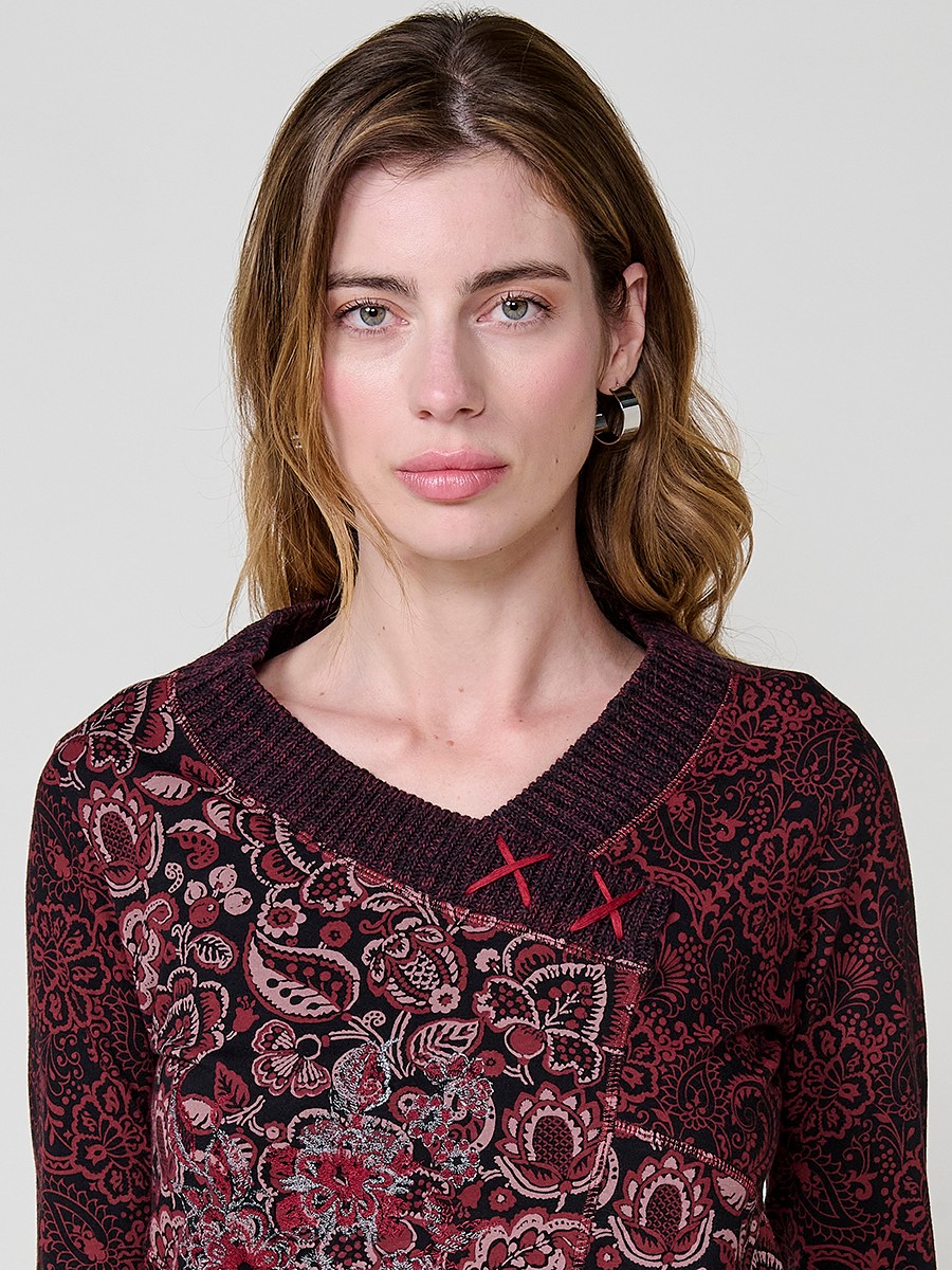 Haut bordeaux femme coton col en V croisé avec broderie florale 4