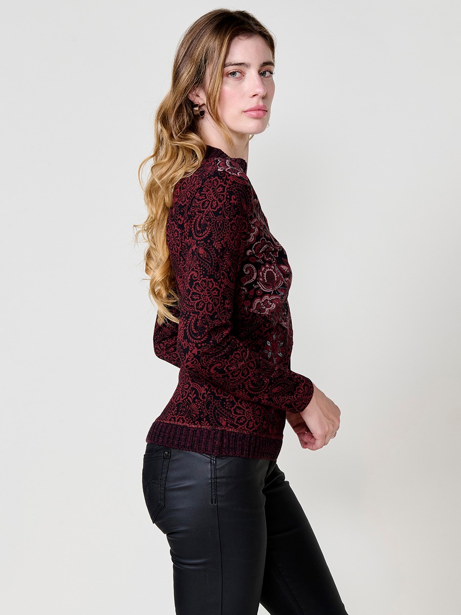 Haut bordeaux femme coton col en V croisé avec broderie florale 7
