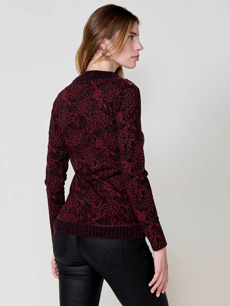 Haut bordeaux femme coton col en V croisé avec broderie florale 3