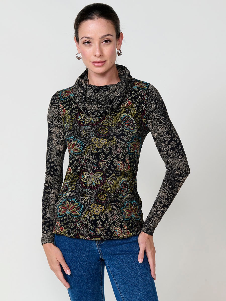Camiseta mujer multicolor manga larga cuello vuelto con estampado floral