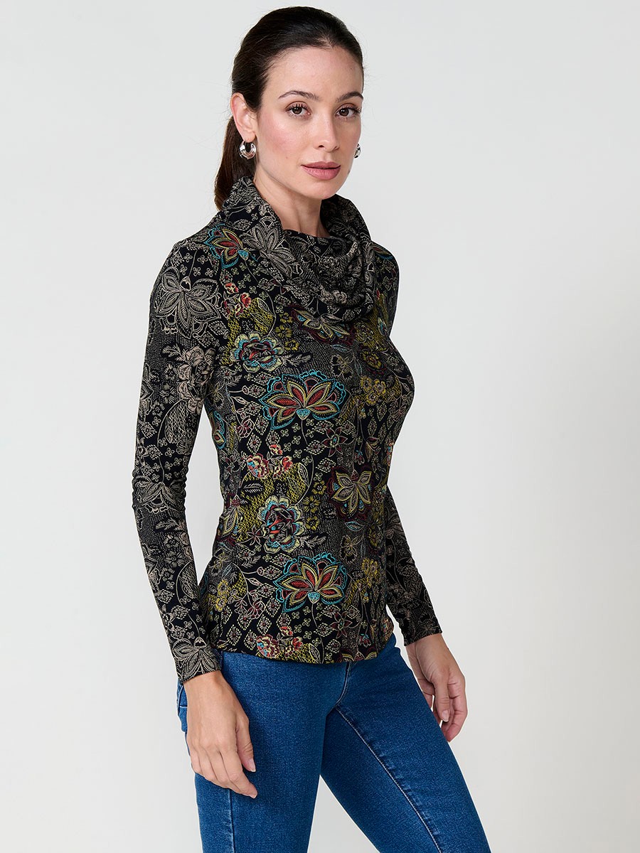 Camiseta mujer multicolor manga larga cuello vuelto con estampado floral 4
