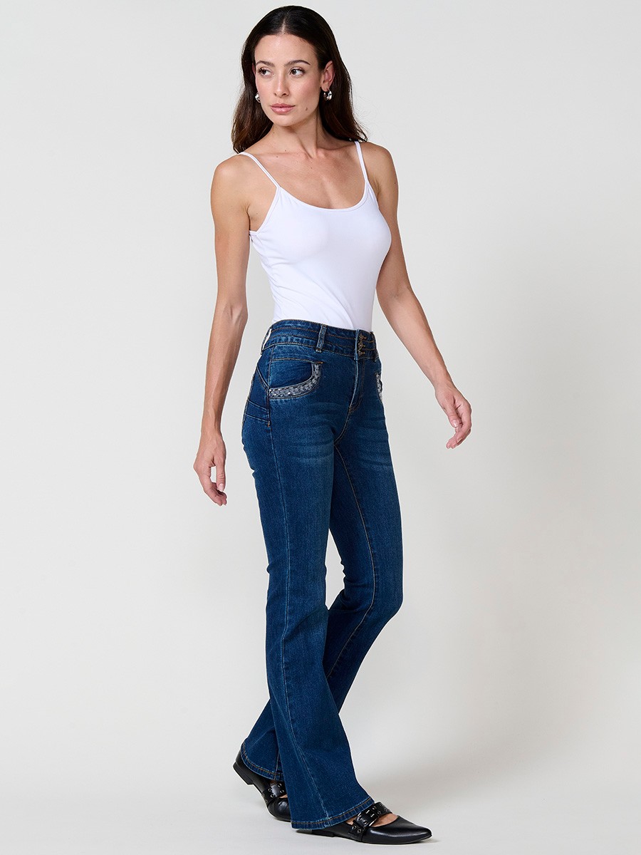 Pantalón jeans azul oscuro mujer boot cut push up con lentejuelas