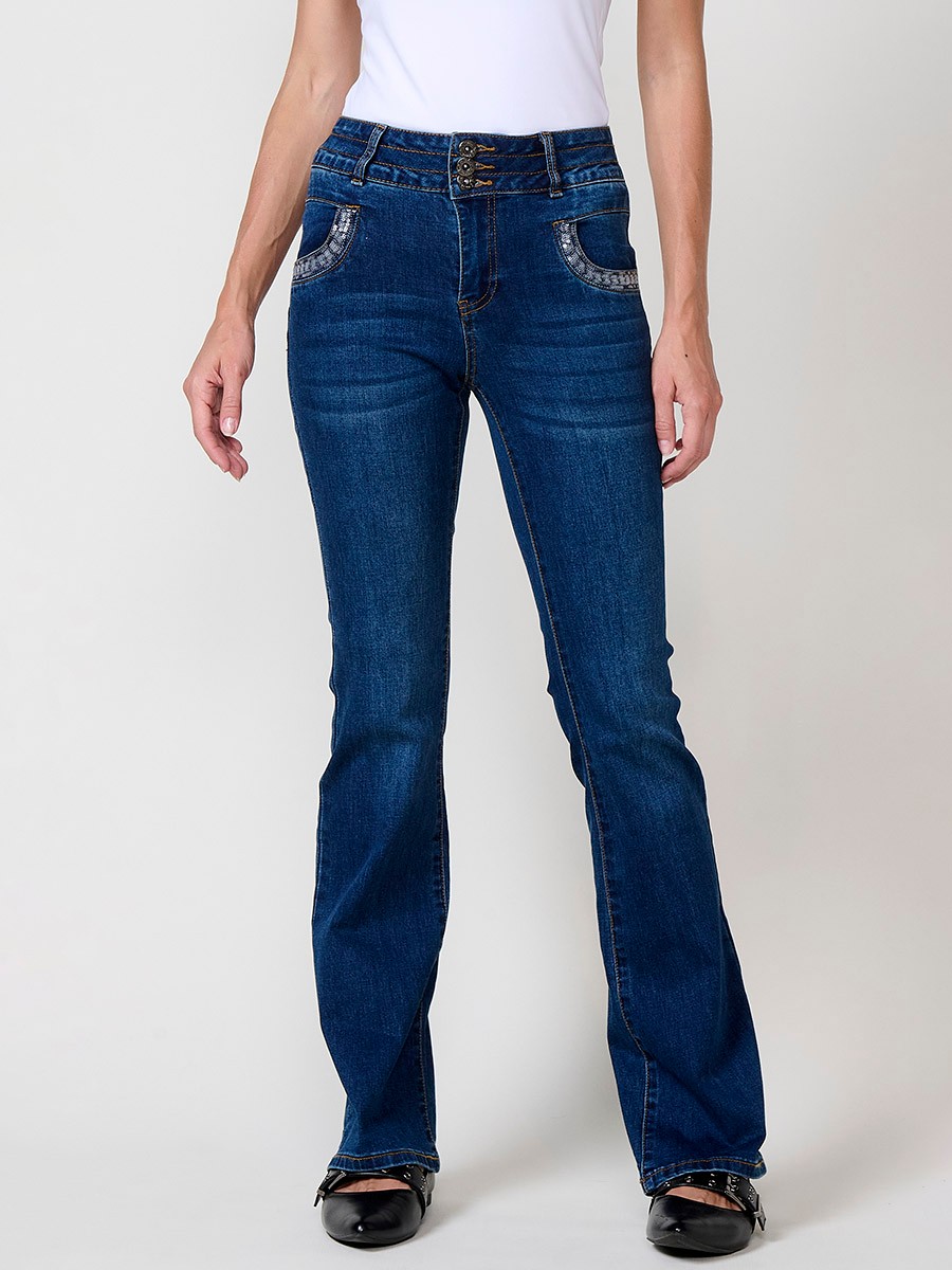 Pantalón jeans azul oscuro mujer boot cut push up con lentejuelas 1