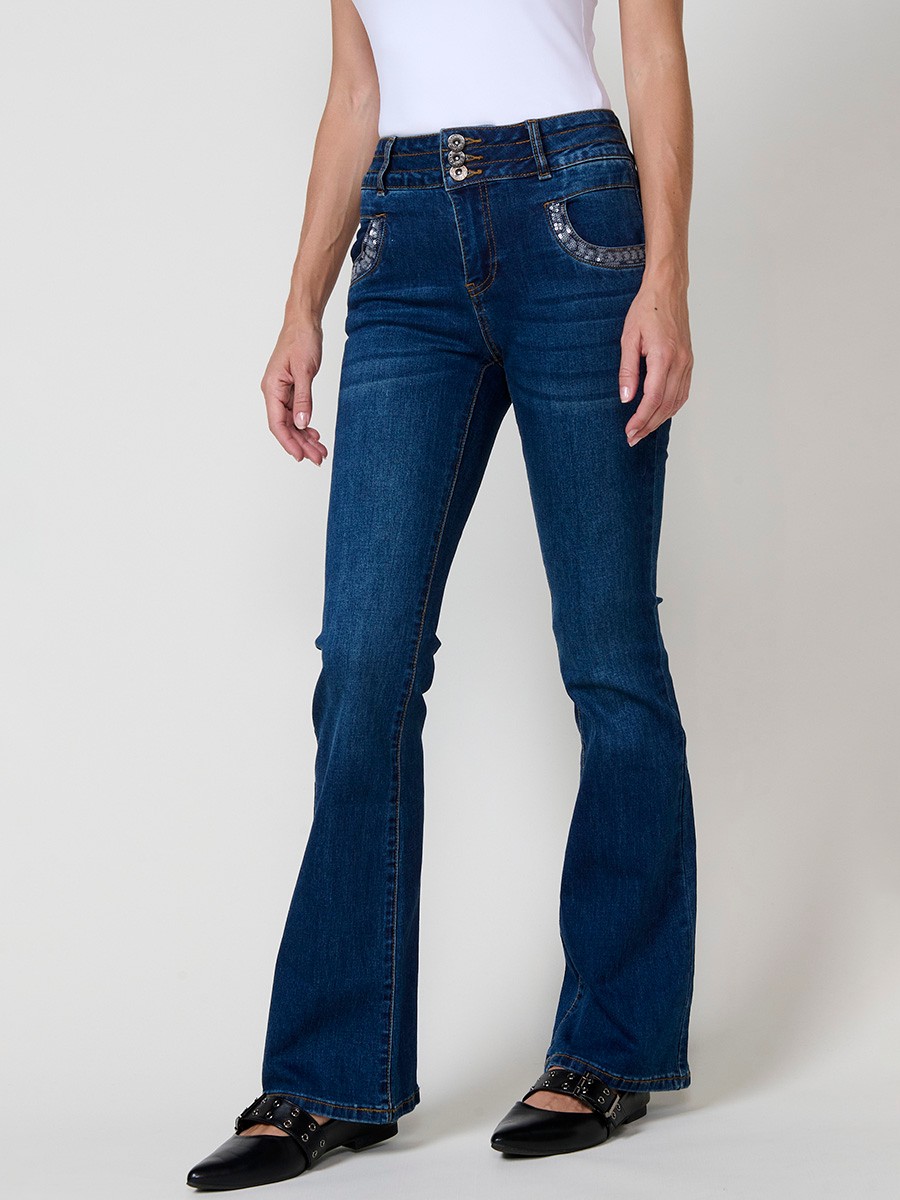 Pantalón jeans azul oscuro mujer boot cut push up con lentejuelas 8