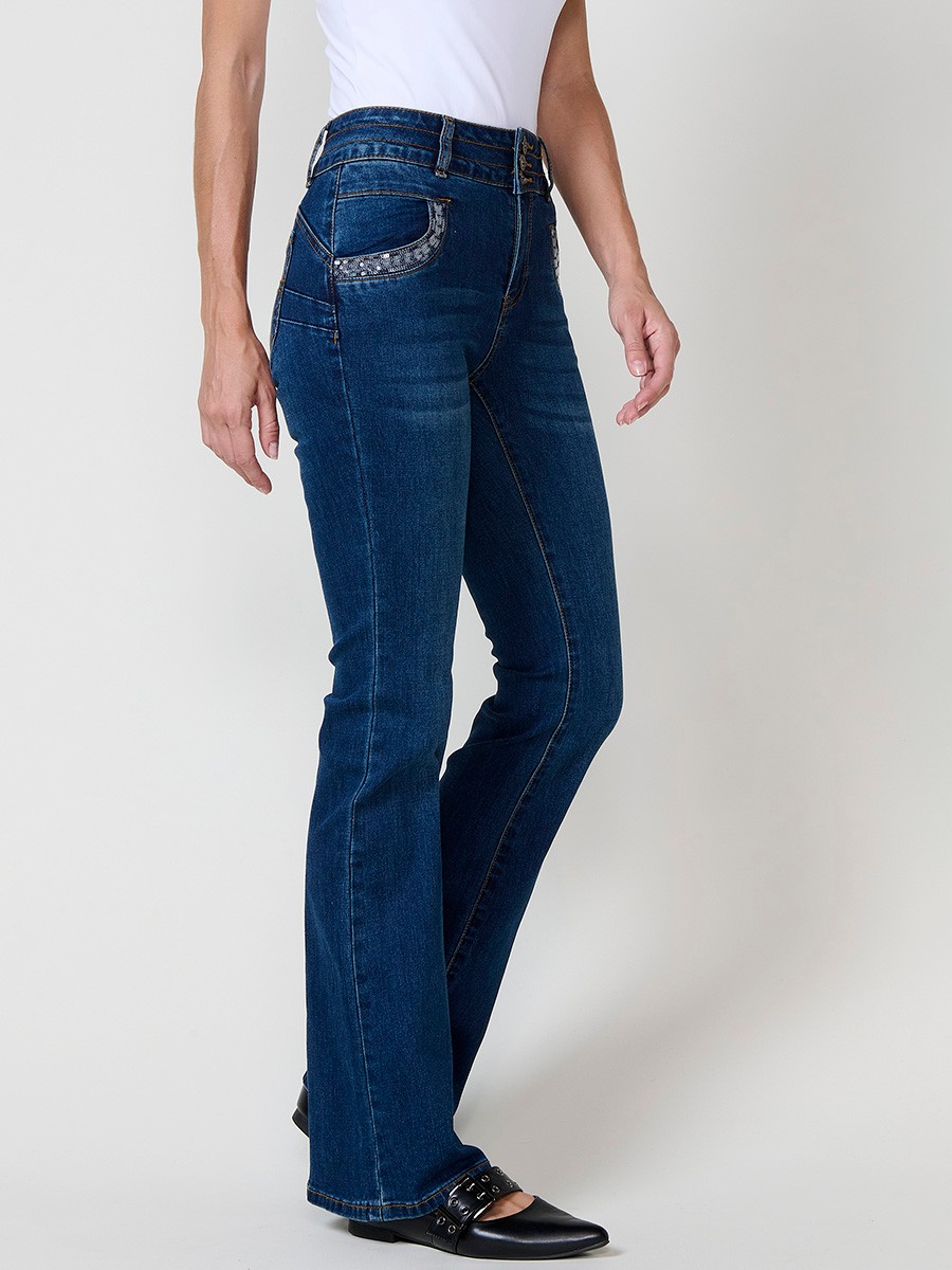 Pantalón jeans azul oscuro mujer boot cut push up con lentejuelas 6