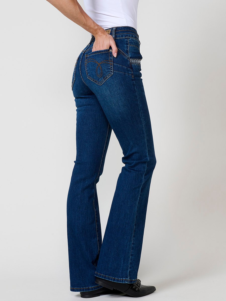 Pantalón jeans azul oscuro mujer boot cut push up con lentejuelas 3
