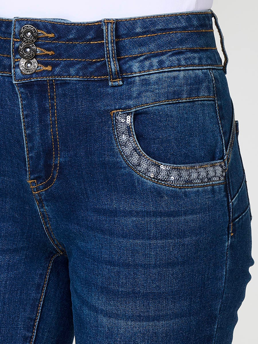 Pantalón jeans azul oscuro mujer boot cut push up con lentejuelas 9
