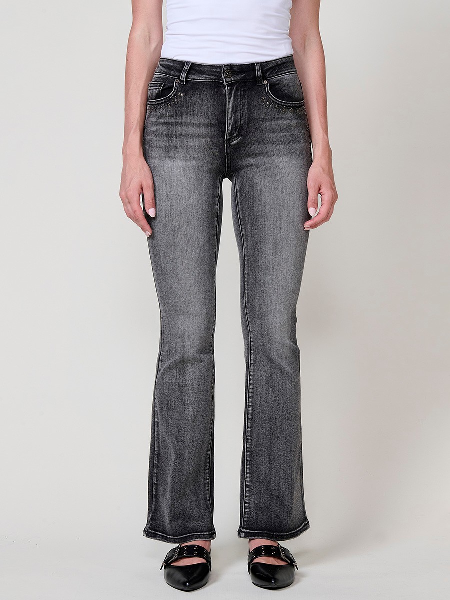 Pantalons texans negres dona boot cut amb tacs metàl·lics de colors