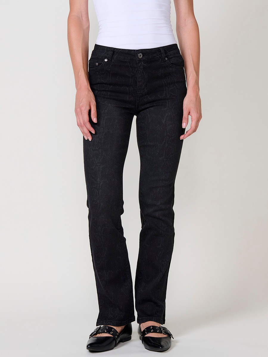 Schwarze Damen-Regular-Push-Up-Jeans aus Stretch-Denim mit Schlangenmuster, fünf Taschen und Seitenschlitzen am Saum.