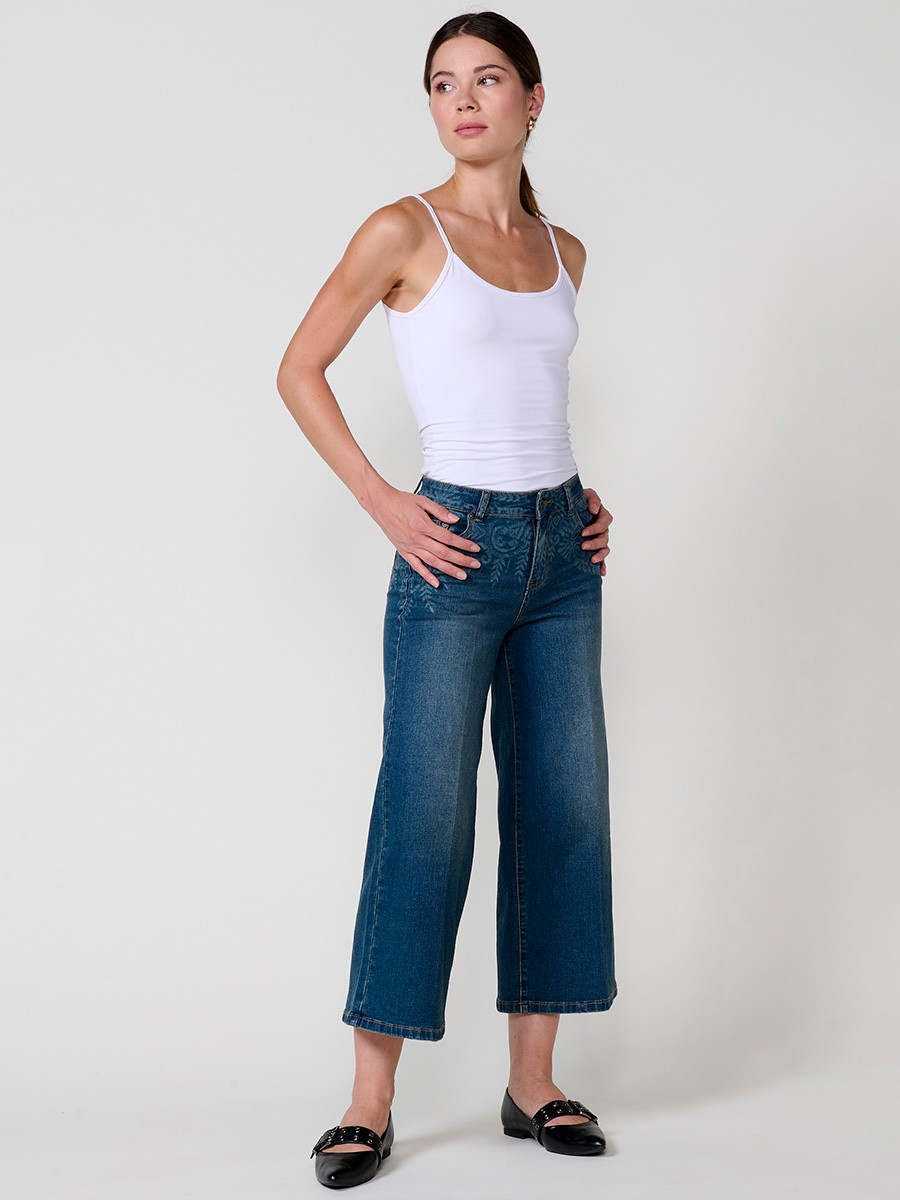 Damen-Culotte-Jeans in Dunkelblau aus Stretch-Denim, mittlere Leibhöhe, fünf Taschen, Metallverschluss und Bleach-Degradé.