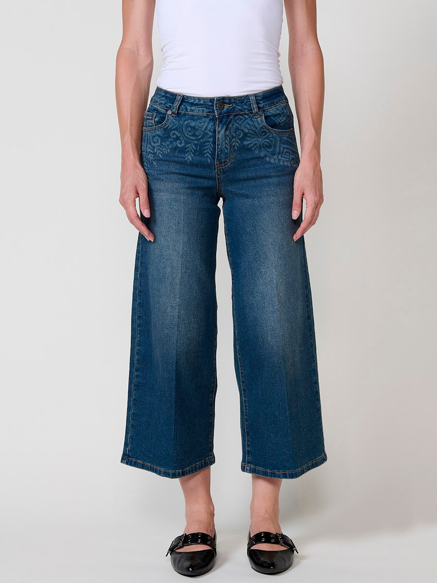 Damen-Culotte-Jeans in Dunkelblau aus Stretch-Denim, mittlere Leibhöhe, fünf Taschen, Metallverschluss und Bleach-Degradé.