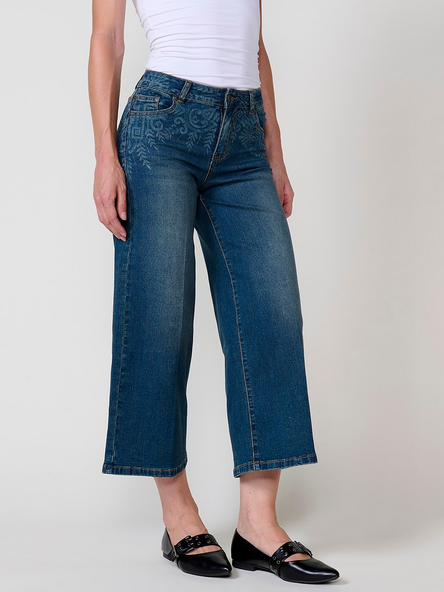 Damen-Culotte-Jeans in Dunkelblau aus Stretch-Denim, mittlere Leibhöhe, fünf Taschen, Metallverschluss und Bleach-Degradé.