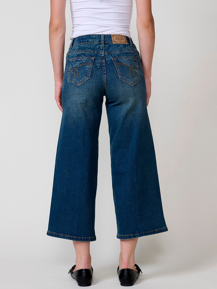 Damen-Culotte-Jeans in Dunkelblau aus Stretch-Denim, mittlere Leibhöhe, fünf Taschen, Metallverschluss und Bleach-Degradé.