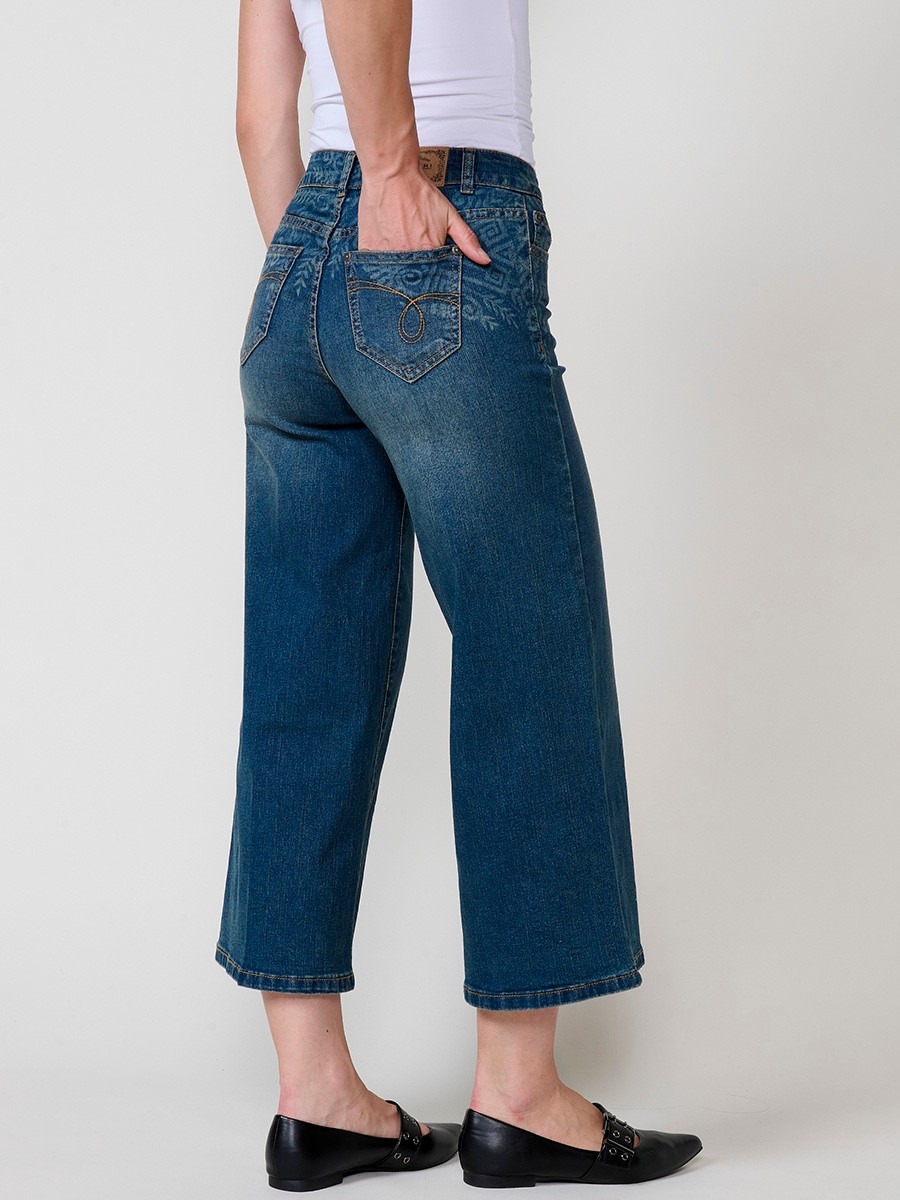 Damen-Culotte-Jeans in Dunkelblau aus Stretch-Denim, mittlere Leibhöhe, fünf Taschen, Metallverschluss und Bleach-Degradé.