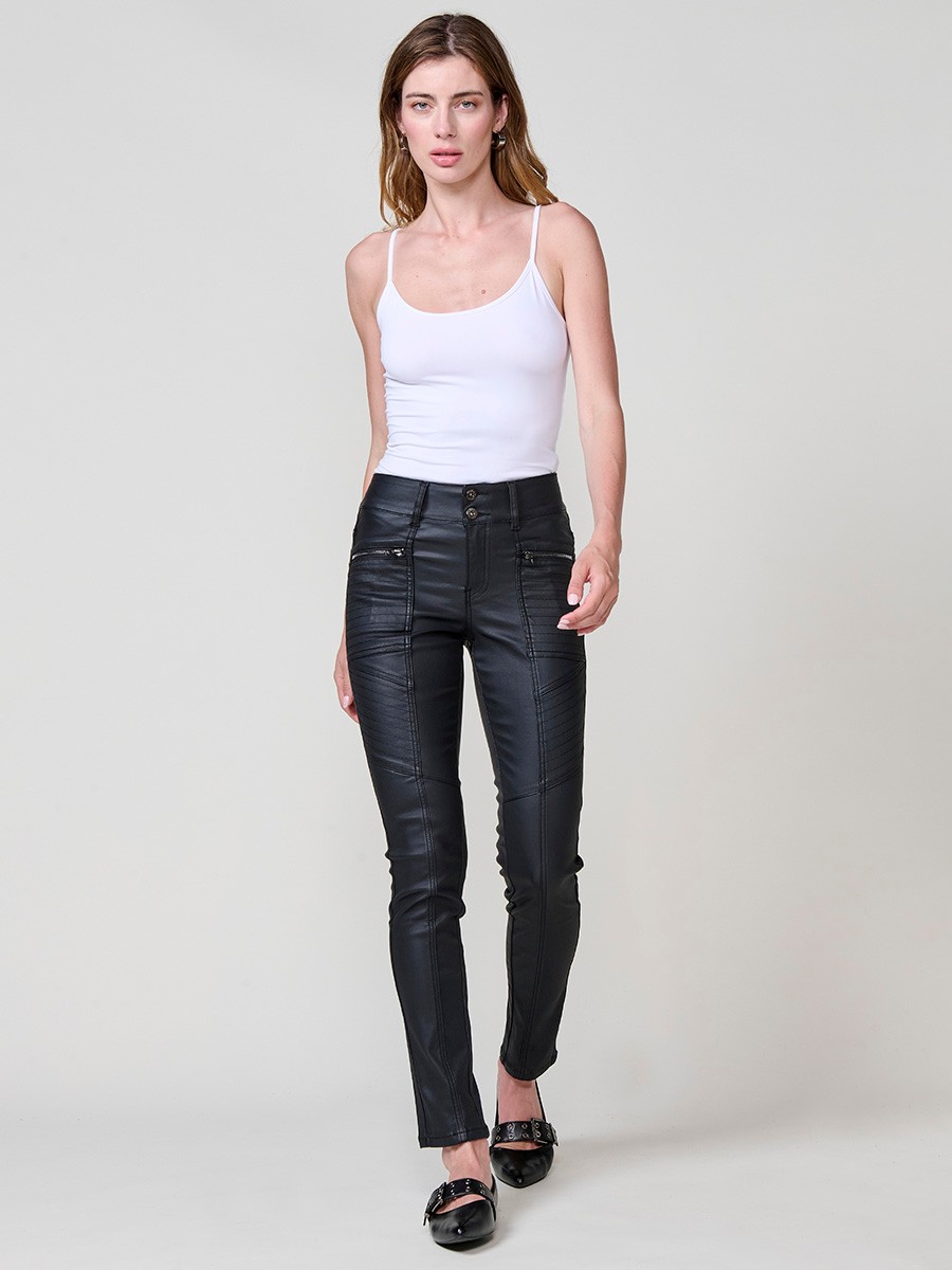 Women’s black coated biker-style slim push up pants with mid-rise, front zip pockets, double metal button closure and topstitch details.