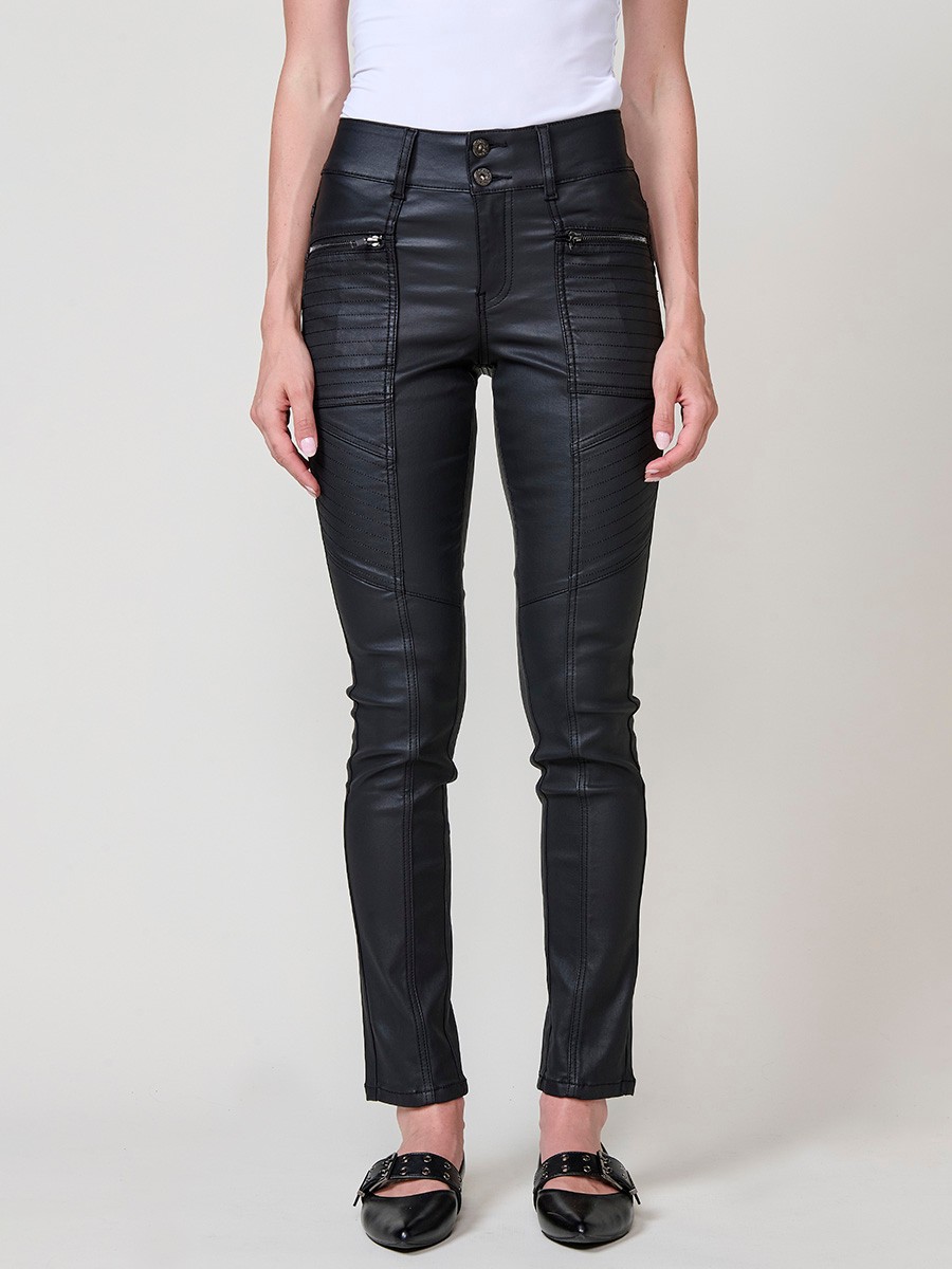 Women’s black coated biker-style slim push up pants with mid-rise, front zip pockets, double metal button closure and topstitch details.