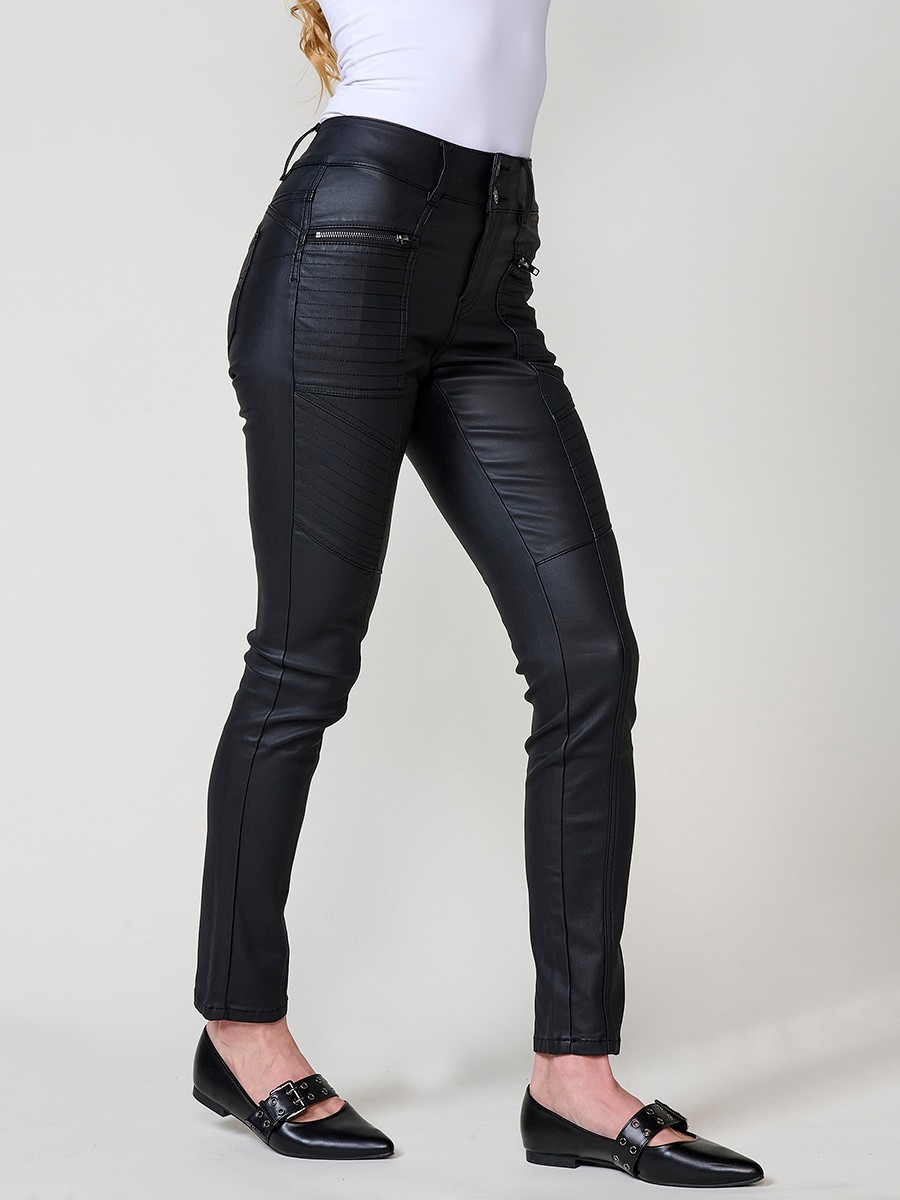 Women’s black coated biker-style slim push up pants with mid-rise, front zip pockets, double metal button closure and topstitch details.