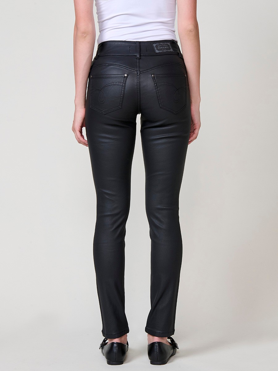Women’s black coated biker-style slim push up pants with mid-rise, front zip pockets, double metal button closure and topstitch details.