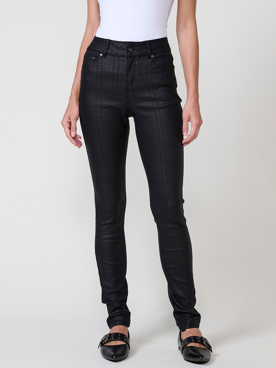 Women’s slim fit mid-rise pants in semi-shiny Glen plaid fabric, with five pockets and metal button closure.