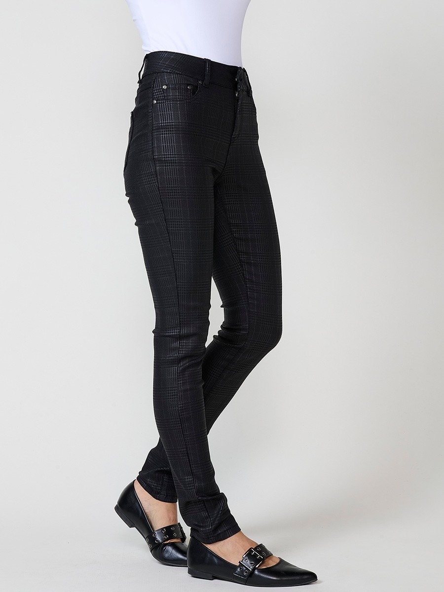 Women’s slim fit mid-rise pants in semi-shiny Glen plaid fabric, with five pockets and metal button closure.