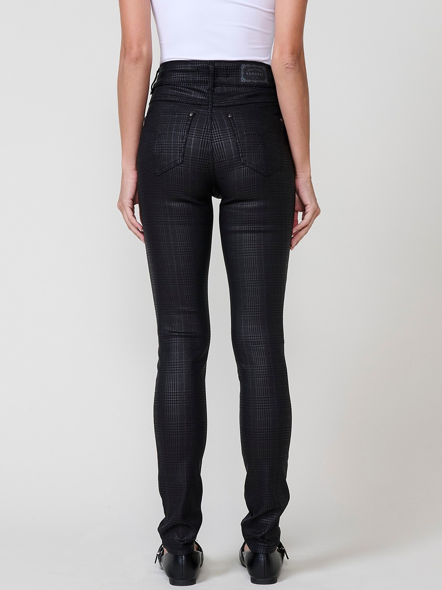 Women’s slim fit mid-rise pants in semi-shiny Glen plaid fabric, with five pockets and metal button closure.