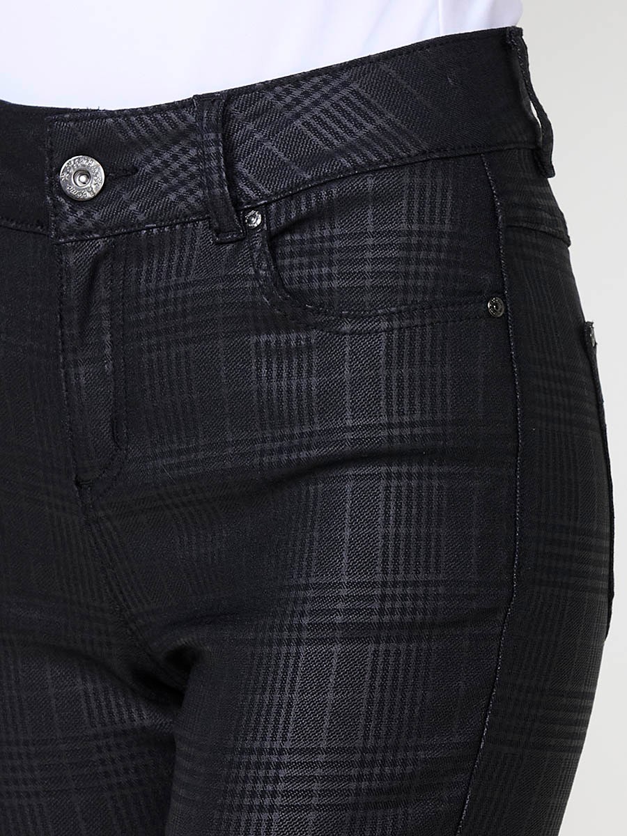 Women’s slim fit mid-rise pants in semi-shiny Glen plaid fabric, with five pockets and metal button closure.