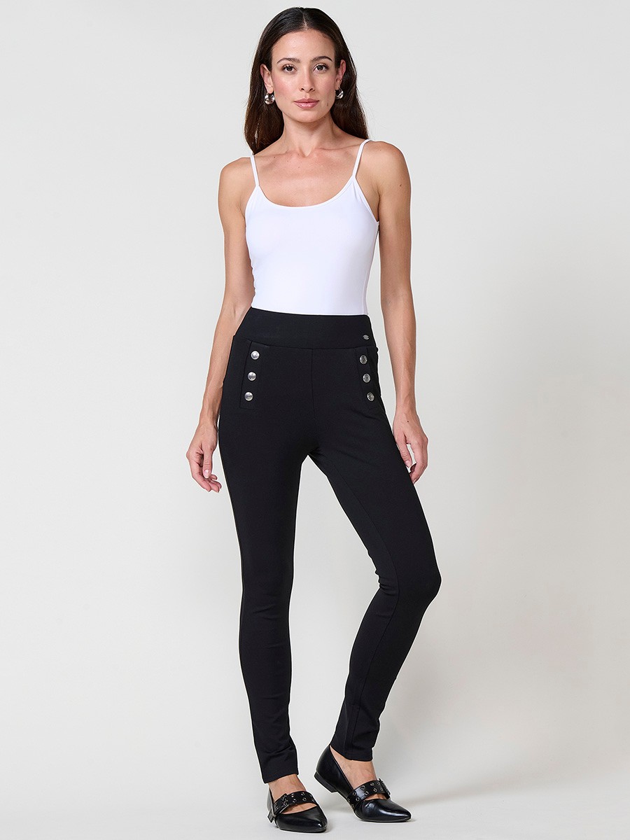 Leggings negros de mujer push up, tiro medio, cintura elástica y botones joya decorativos en el frontal.